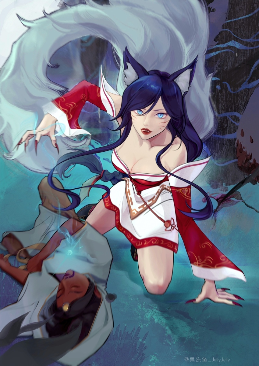 1boy, 1girl, absurdres, ahri_(league_of_legends), akshan_(league_of_legends), animal_ear_fluff, animal_ears, bare_shoulders, black_hair, blue_eyes, braid, breasts, brown_pants, cleavage, closed_eyes, collarbone, dark-skinned_male, dark_skin, detached_sleeves, facial_mark, fangs, fox_ears, fox_tail, highres, jellyjelly, large_breasts, league_of_legends, long_hair, magic, nail_polish, on_one_knee, pants, red_nails, tail, teeth, tree, vastaya, whisker_markings