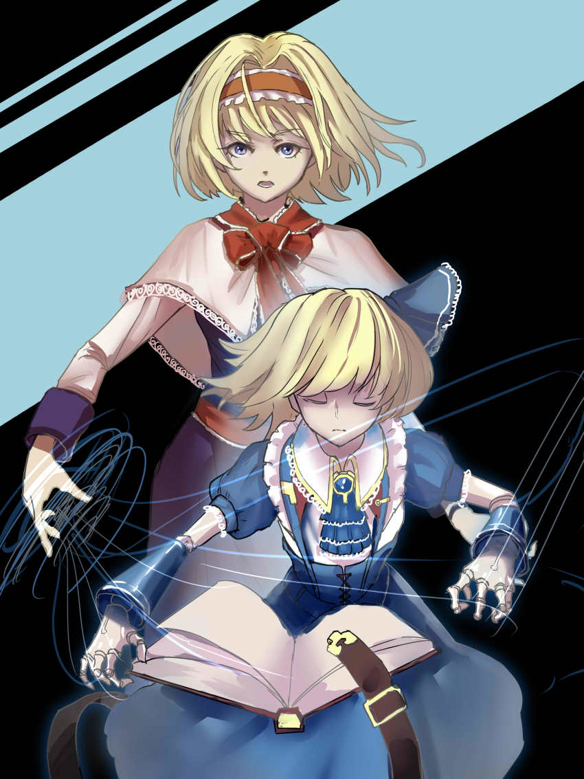 2girls, absurdres, alice_margatroid, alice_margatroid_(pc-98), alternate_costume, ascot, blonde_hair, bloody_cuke