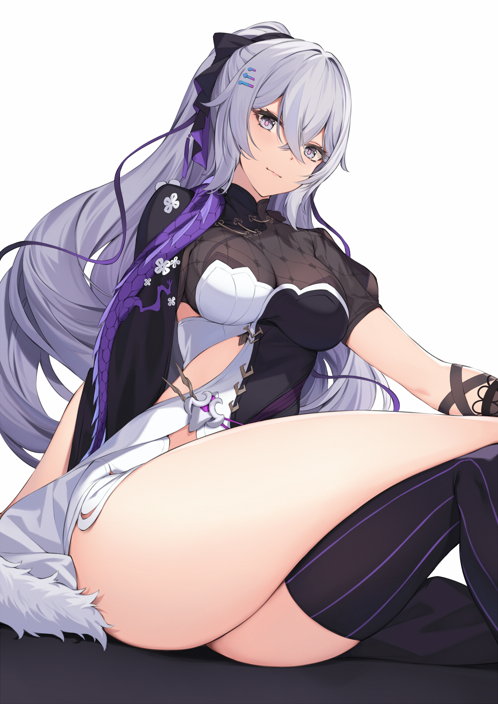 1girl, breasts, bronya_zaychik, bronya_zaychik_(heart_of_the_night), bronya_zaychik_(silverwing:_n-ex), crossed_bangs, crossed_legs, drill_hair, dutch_angle, grey_eyes, grey_hair, hair_between_eyes, highres, honkai_(series), honkai_impact_3rd, long_hair, looking_at_viewer, medium_breasts, pak_ce, single_thighhigh, sitting, solo, thighhighs, twin_drills