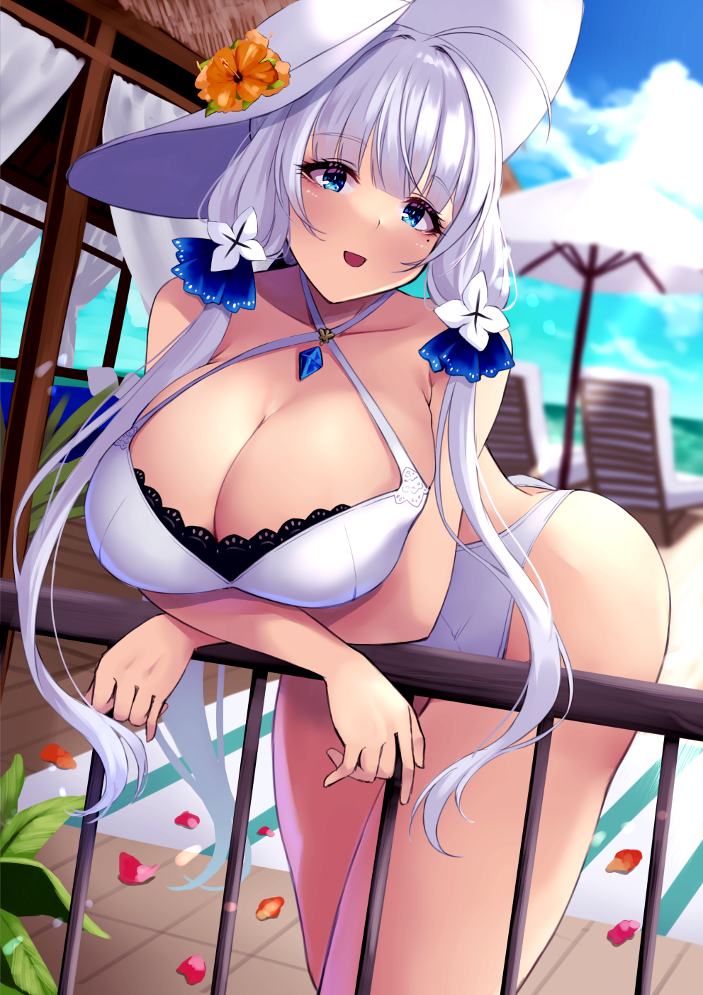 1girl, alternate_costume, azur_lane, bare_shoulders, blue_eyes, blue_sky, blush, breasts