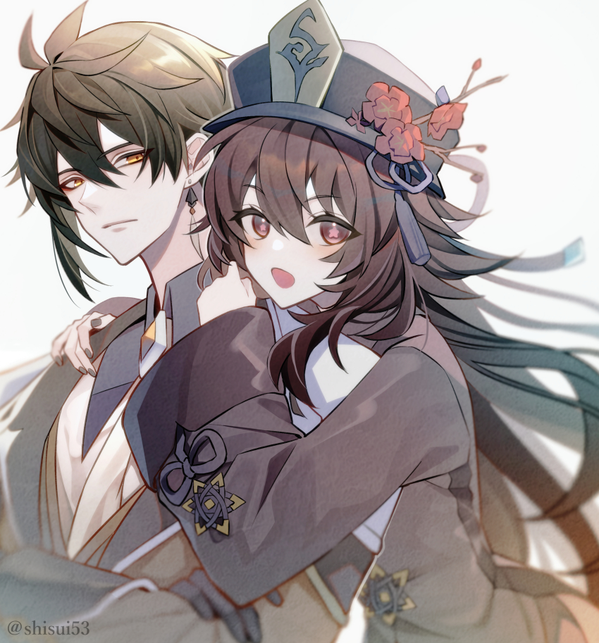 1boy, 1girl, absurdres, black_hair, black_headwear, black_nails, brown_hair, closed_mouth