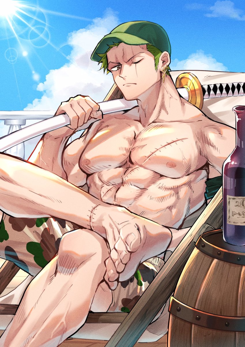 1boy, abs, bara, barrel, baseball_cap, camouflage, camouflage_shorts, feet, feet_out_of_frame, frown, green_hair, hat, highres, holding, holding_sword, holding_weapon, large_pectorals, long_sideburns, looking_at_viewer, male_focus, male_swimwear, muscular, muscular_male, nipples, one_piece, over_shoulder, pectorals, print_male_swimwear, roronoa_zoro, scar, scar_across_eye, scar_on_face, short_hair, shorts, sideburns, soles, solo, sorase_(srsrs_000), sunlight, swim_trunks, sword, sword_over_shoulder, toes, topless_male, veins, weapon, weapon_over_shoulder