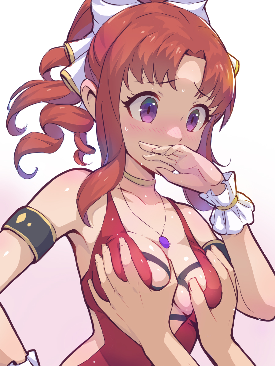 1boy, 1girl, akino_(princess_connect!), armpits, blush, breast_press, breasts, coba_(coba_xp)