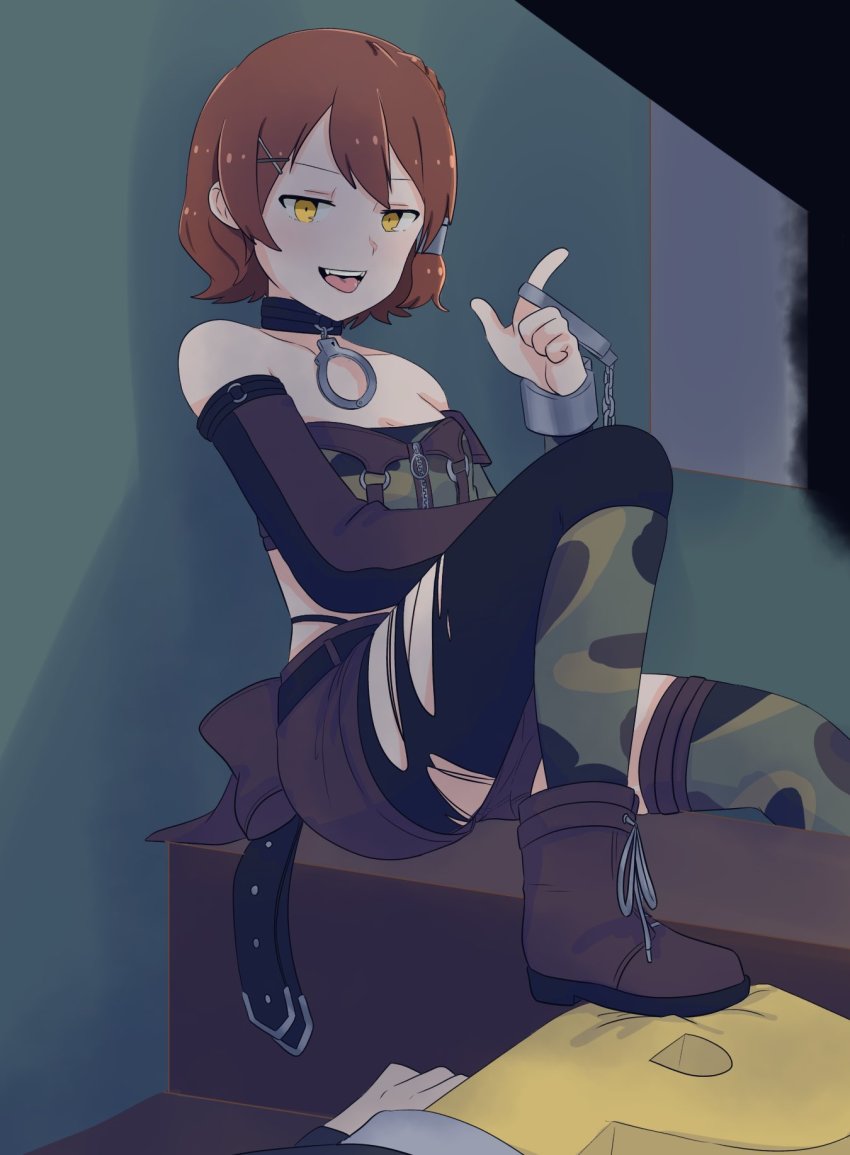 1boy, 1girl, alternate_hairstyle, asymmetrical_legwear, bad_id, bad_twitter_id, braid, breasts