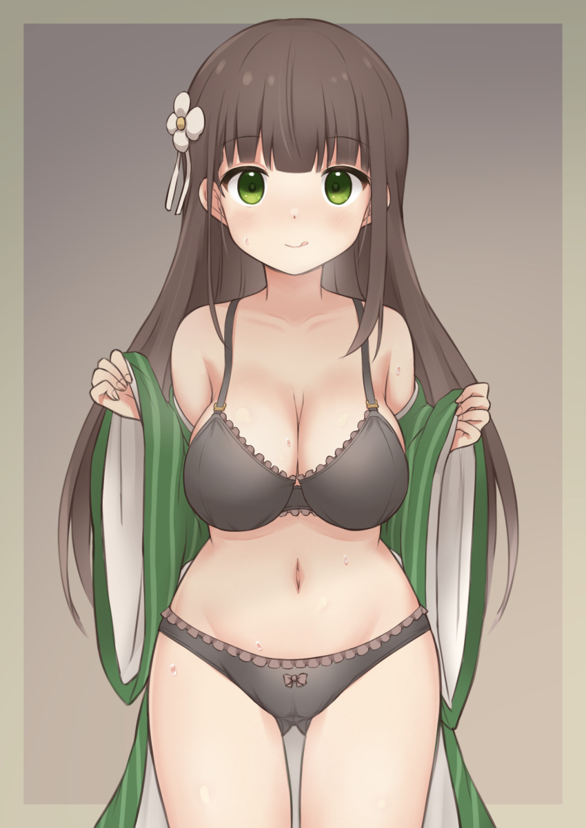 absurdres, black_bra, black_hair, black_panties, blunt_bangs, bra, breasts, brown_hair, cleavage, cowboy_shot, flower, frilled_bra, frilled_panties, frills, gochuumon_wa_usagi_desu_ka?, green_eyes, green_kimono, hair_flower, hair_ornament, hands_up, highres, japanese_clothes, kimono, large_breasts, licking_lips, lingerie, long_hair, looking_at_viewer, navel, off_shoulder, open_clothes, open_kimono, panties, simple_background, standing, straight_hair, striped_clothes, striped_kimono, sweat, tongue, tongue_out, ujimatsu_chiya, underwear, underwear_only, vertical-striped_clothes, vertical-striped_kimono, wide_sleeves, yaplus