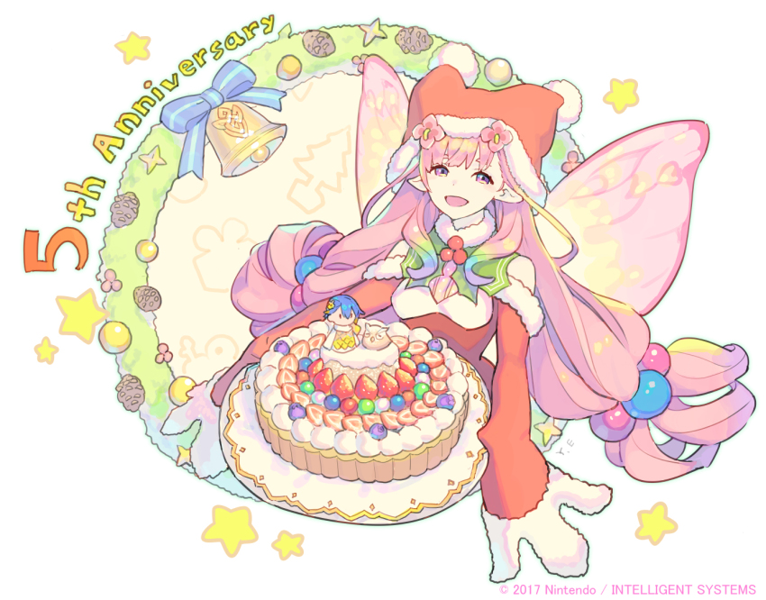 1girl, :d, bell, cake, dress, enkyo_yuuichirou, fairy_wings, fire_emblem