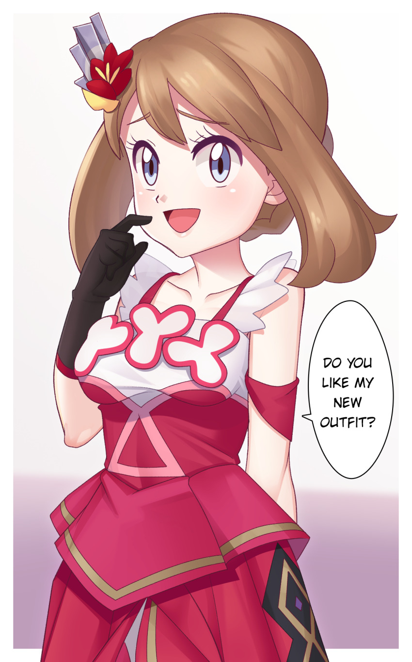 1girl, :d, black_gloves, blush, border, breasts, brown_hair, collarbone