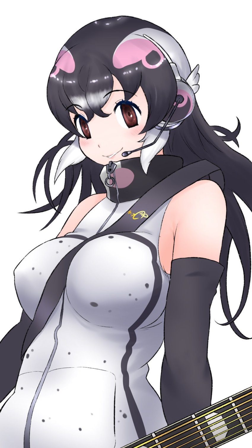 african_penguin_(kemono_friends), between_breasts, black_eyes, black_hair, blouse, breasts, cats_yone, gloves