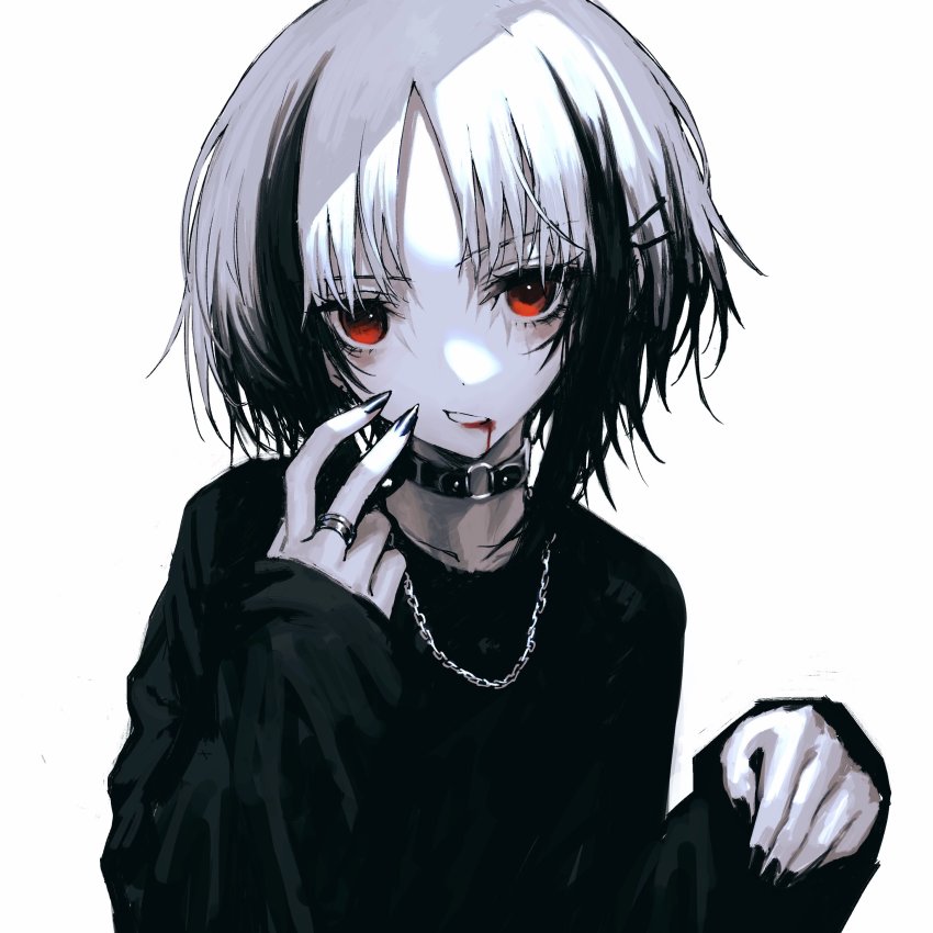1girl, absurdres, bags_under_eyes, black_hair, black_nails, blood, blood_from_mouth, bob_cut