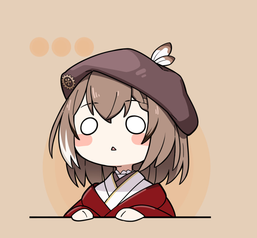 1girl, beret, blush, braid, brown_background, brown_eyes, brown_hair, feathers