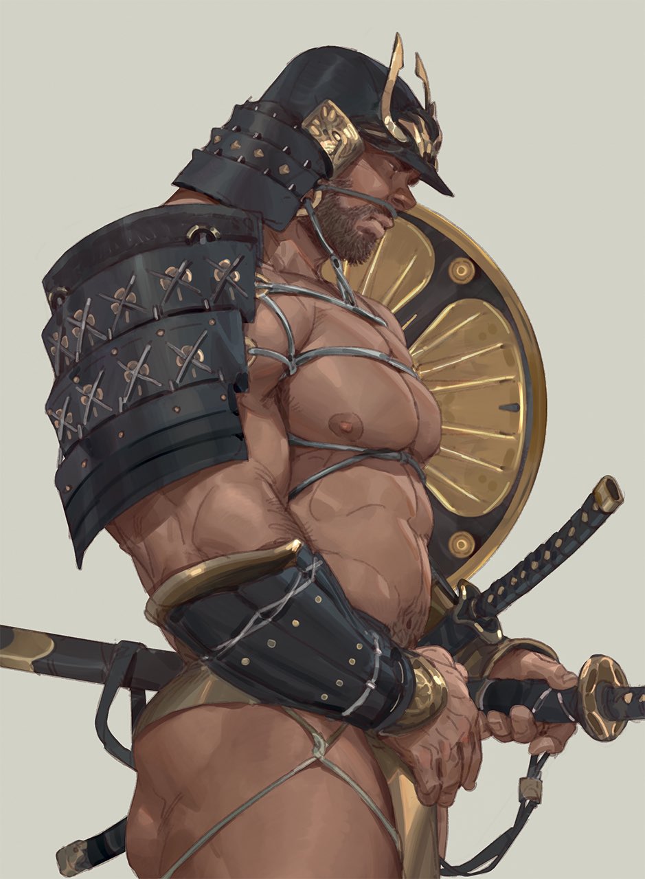1boy, abs, arm_hair, armor, bara, beard, biceps, body_hair, brown_hair, chest_hair, facial_hair, gauntlets, hairy, helmet, highres, japanese_armor, japanese_clothes, katana, large_pectorals, loincloth, male_focus, male_underwear, manly, mature_male, muscular, muscular_legs, muscular_male, navel, navel_hair, nipples, original, pectorals, shoulder_armor, sword, thighs, tooboshoo, topless_male, underwear, weapon