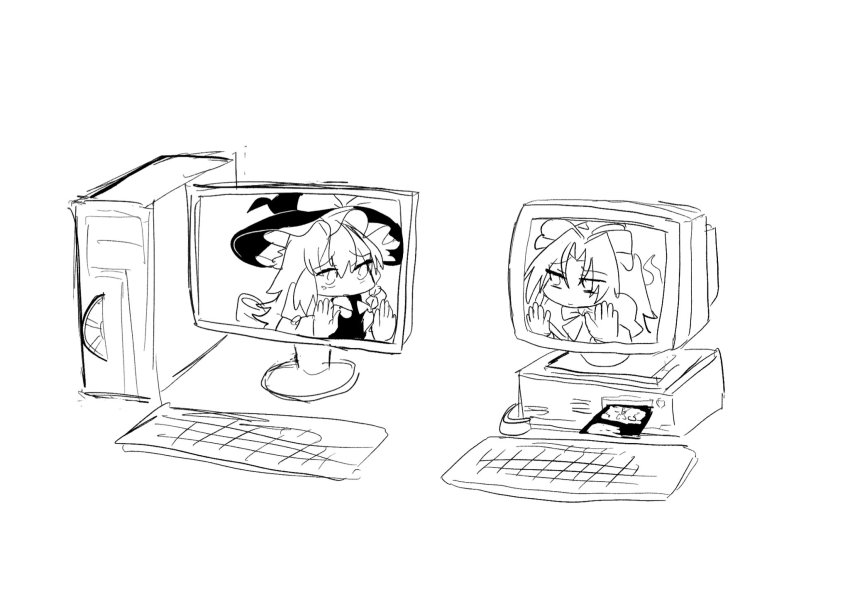 2girls, bow, cd, computer, crt, floppy_disk, fourth_wall, frilled_hat, frills, greyscale, hat, hat_bow, highres, computer_keyboard, kirisame_marisa, kuma_xylocopa, long_sleeves, looking_at_another, mima_(touhou), monitor, monochrome, multiple_girls, parted_bangs, sad, simple_background, touhou, white_background, witch_hat