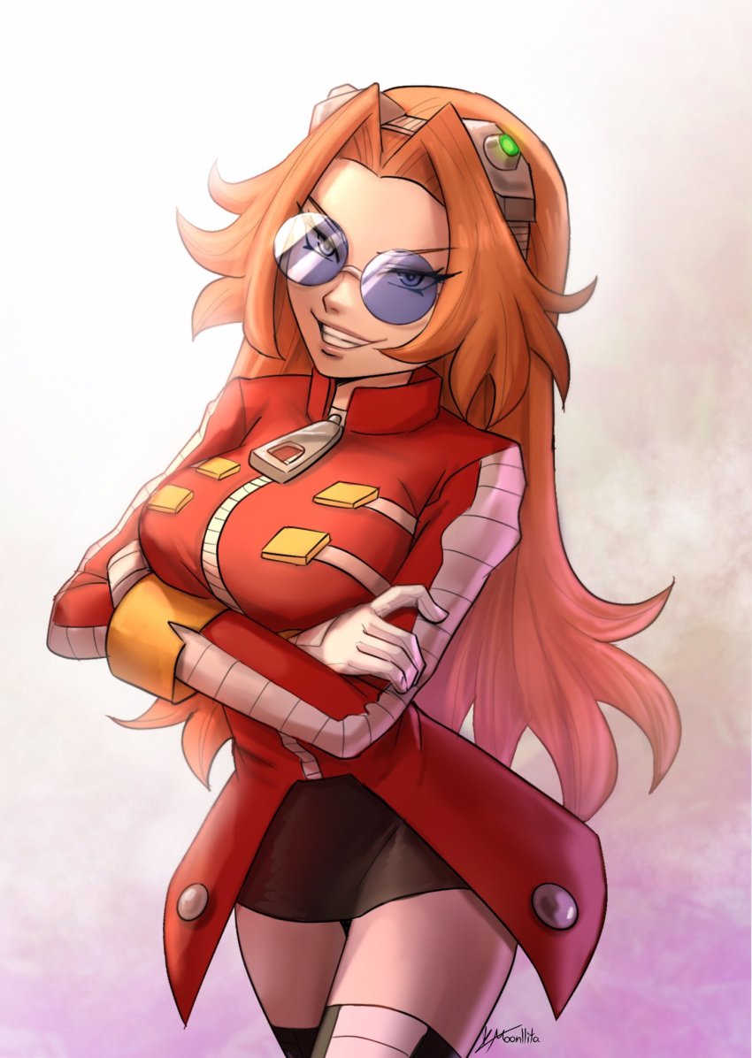 1girl, artist_name, black_skirt, black_thighhighs, blue-tinted_eyewear, blue-tinted_glasses, breasts, brown_hair