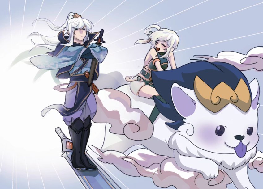 1boy, 1girl, :d, :|, bare_shoulders, blue_background, closed_eyes, closed_mouth, enduring_sword_talon, flying, gradient_background, highres, league_of_legends, loian22504005, lunar_empress_lux, lux_(league_of_legends), motion_lines, nasus, open_mouth, riding, sheath, sheathed, smile, smiley_face, speed_lines, standing, sword, talon_(league_of_legends), weapon, white_hair