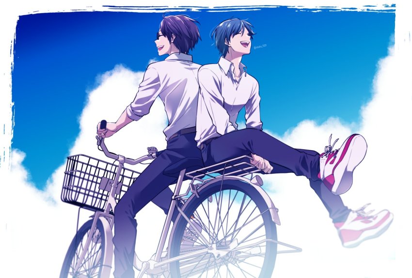 2boys, :d, artist_name, ataka_takeru, belt, bicycle, blouse, blue_sky, closed_eyes, cloud, collared_shirt, day, glasses, laughing, long_sleeves, male_focus, multiple_boys, multiple_riders, open_mouth, outdoors, pants, riding, riding_bicycle, ryman's_club, shiratori_mikoto_(ryman's_club), shirt, shoes, sky, sleeves_rolled_up, smile, sneakers, tachibana_azuma, white_shirt