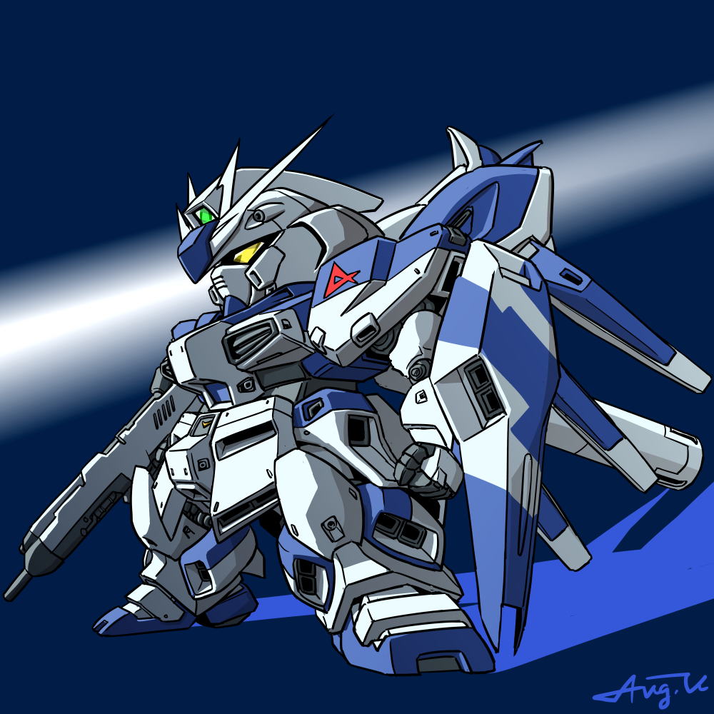 beam_rifle, blue_background, char's_counterattack, char's_counterattack_-_beltorchika's_children, chibi, clenched_hand, commentary, emblem