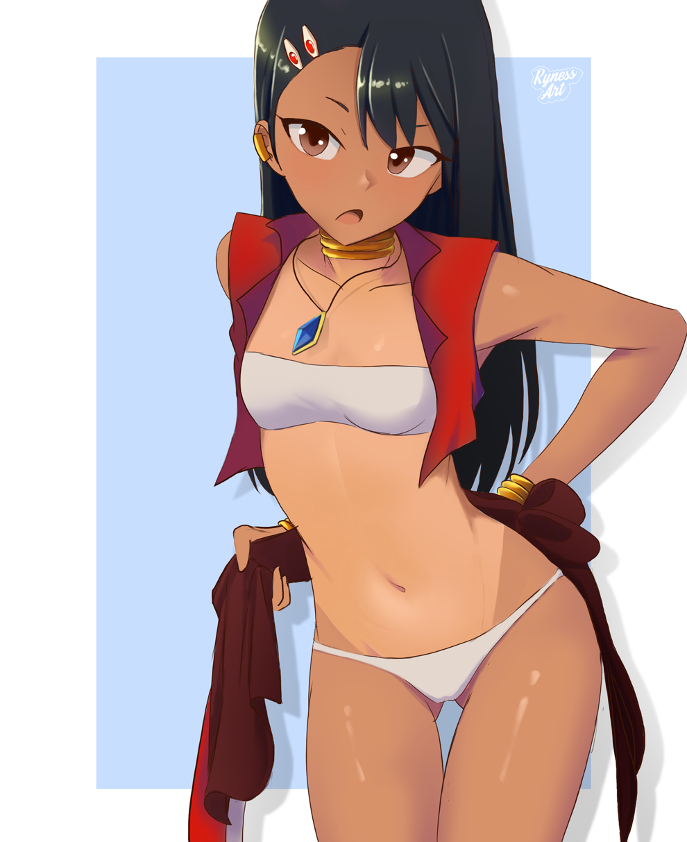 1girl, :<, artist_name, asymmetrical_bangs, bandeau, bare_shoulders, black_hair, blue_background, bracelet, breasts, brown_eyes, collarbone, commentary, cosplay, cowboy_shot, cropped_vest, dark-skinned_female, dark_skin, dressing, drop_shadow, earclip, fushigi_no_umi_no_nadia, gluteal_fold, hair_ornament, hairclip, hand_on_own_hip, highres, ijiranaide_nagatoro-san, jewelry, loli, long_hair, looking_at_viewer, nadia_la_arwall, nadia_la_arwall_(cosplay), nagatoro_hayase, navel, neck_ring, necklace, open_mouth, outside_border, panties, pelvic_curtain, pendant, red_vest, romaji_commentary, ryness, small_breasts, solo, standing, tan, tanline, thigh_gap, underwear, vest, white_bandeau, white_panties