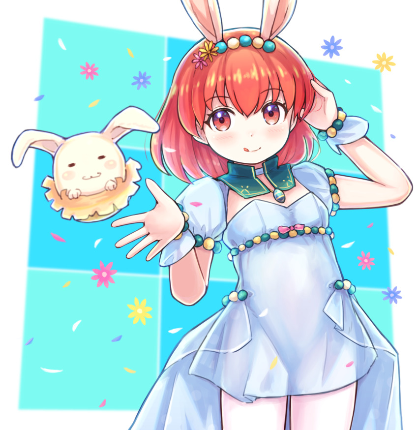 1girl, animal_ears, arm_up, blue_dress, collar, cowboy_shot, dress, fake_animal_ears, fire_emblem, fire_emblem:_mystery_of_the_emblem, fire_emblem_heroes, flower, hair_ornament, tucking_hair, hand_in_own_hair, highres, kutabireta_neko, licking_lips, looking_at_viewer, maria_(fire_emblem), maria_(spring)_(fire_emblem), nintendo, official_alternate_costume, pantyhose, puffy_short_sleeves, puffy_sleeves, rabbit_ears, red_eyes, red_hair, short_dress, short_hair, short_sleeves, simple_background, smile, solo, tongue, tongue_out, white_pantyhose