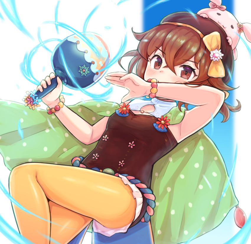 1girl, animal_hat, armpits, bare_shoulders, beret, bow, bracelet, brown_eyes, brown_hair, brown_pantyhose, capelet, collar, delthea_(fire_emblem), delthea_(spring)_(fire_emblem), egg, fighting_stance, fire_emblem, fire_emblem_echoes:_shadows_of_valentia, fire_emblem_heroes, flower, hair_between_eyes, hat, hat_bow, highres, jewelry, kutabireta_neko, leotard, looking_at_viewer, nintendo, official_alternate_costume, pantyhose, rabbit_hat, serious, short_hair, simple_background, solo, v-shaped_eyebrows, white_background, yellow_pantyhose