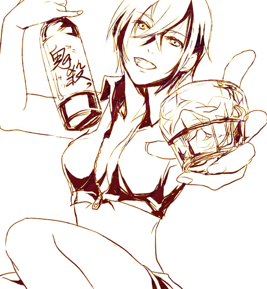 1girl, akaya_(rednight_dd), breasts, brown_theme, drink, female_focus, foreshortening, meiko_(vocaloid)