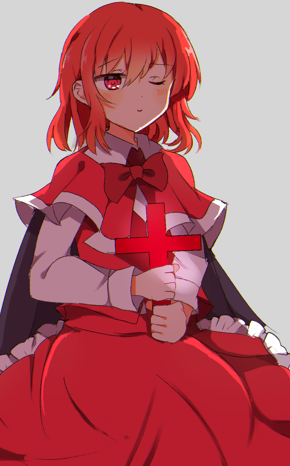 1girl, black_cape, blush, bow, bowtie, cape, capelet, collared_shirt, cross, frilled_skirt, frills, highres, holding, holding_cross, long_sleeves, okazaki_yumemi, one_eye_closed, red_bow, red_bowtie, red_capelet, red_eyes, red_hair, red_skirt, red_vest, shirt, short_hair, skirt, smile, touhou, touhou_(pc-98), vest, white_shirt, zerokosan