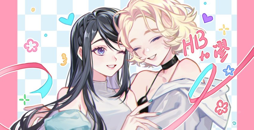 2girls, bare_shoulders, black_choker, black_hair, blonde_hair, blue_background, blue_eyes, blue_nails