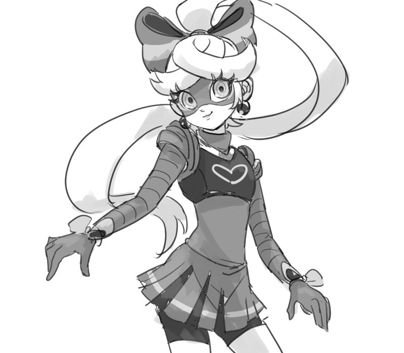 1girl, :3, arms_(game), bike_shorts, colk_(colk_com), cowboy_shot, domino_mask, eye_mask, greyscale, mask, monochrome, nintendo, ponytail, ribbon_girl_(arms), smile, solo