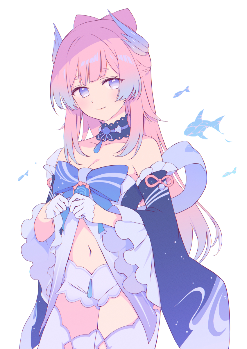 1girl, bow, bowtie, breasts, cowboy_shot, fish, frilled_sleeves, frills, genshin_impact, gloves, highres, midriff, nagahara_yuki, navel, pink_hair, sangonomiya_kokomi, short_shorts, shorts, simple_background, smile, solo, thighhighs, water_drop, white_background, white_gloves, wide_sleeves