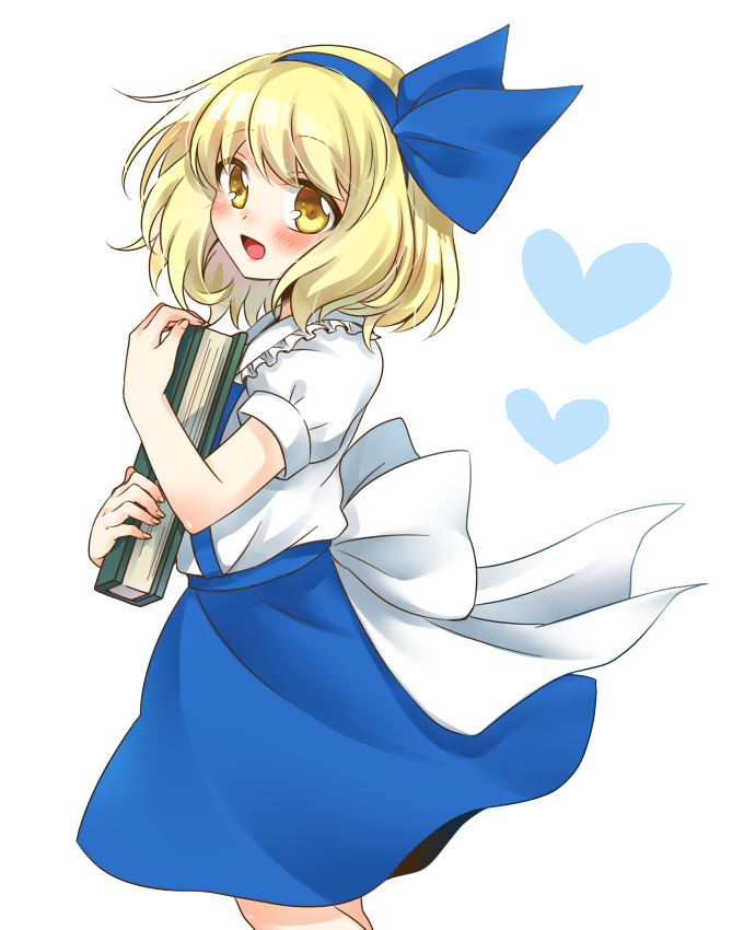 1girl, aged_down, alice_margatroid, alice_margatroid_(pc-98), back_bow, blonde_hair, blue_bow, blue_headwear