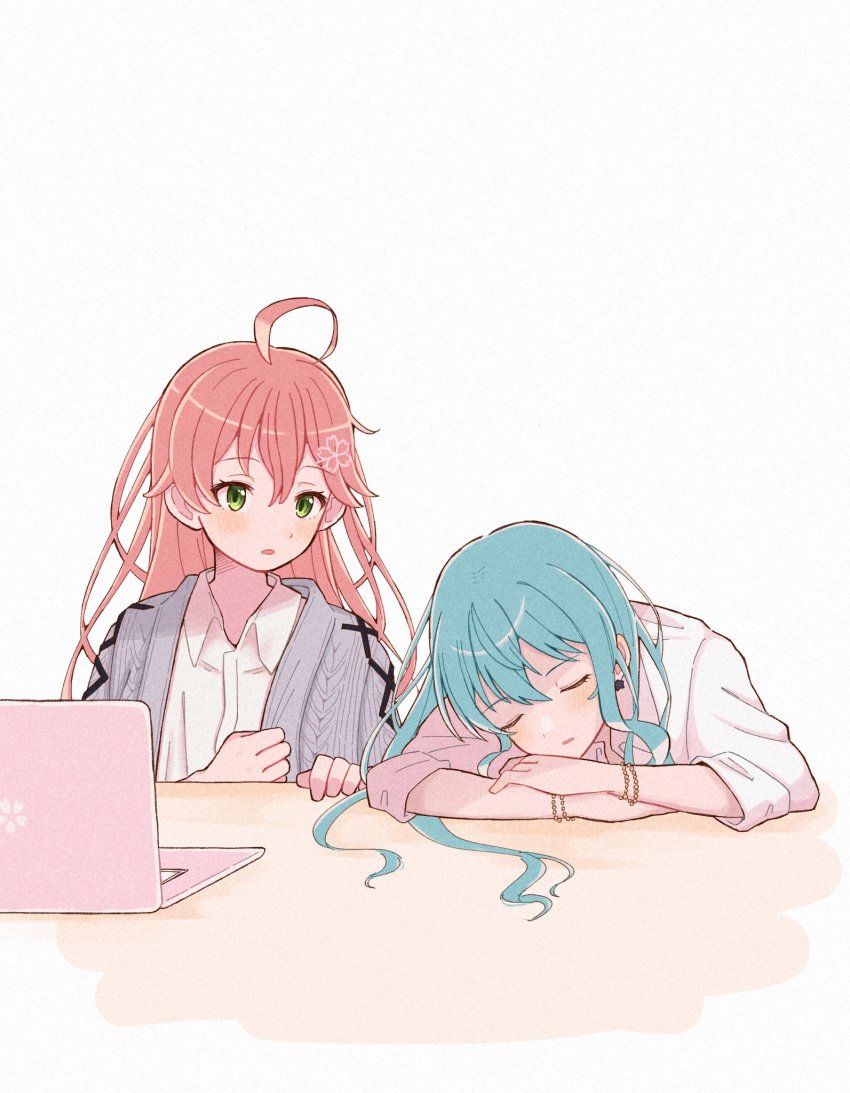 2girls, ahoge, blue_hair, bracelet, collared_shirt, computer, green_eyes, hair_down