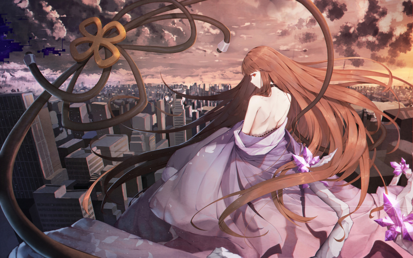 1girl, antoneva, asa_ni_haru, bare_back, bare_shoulders, brown_hair, cityscape, crystal, forever_7th_capital, from_behind, hair_ornament, hair_spread_out, highres, long_hair, looking_at_viewer, looking_back, solo, sunset, unworn_hair_ornament, very_long_hair