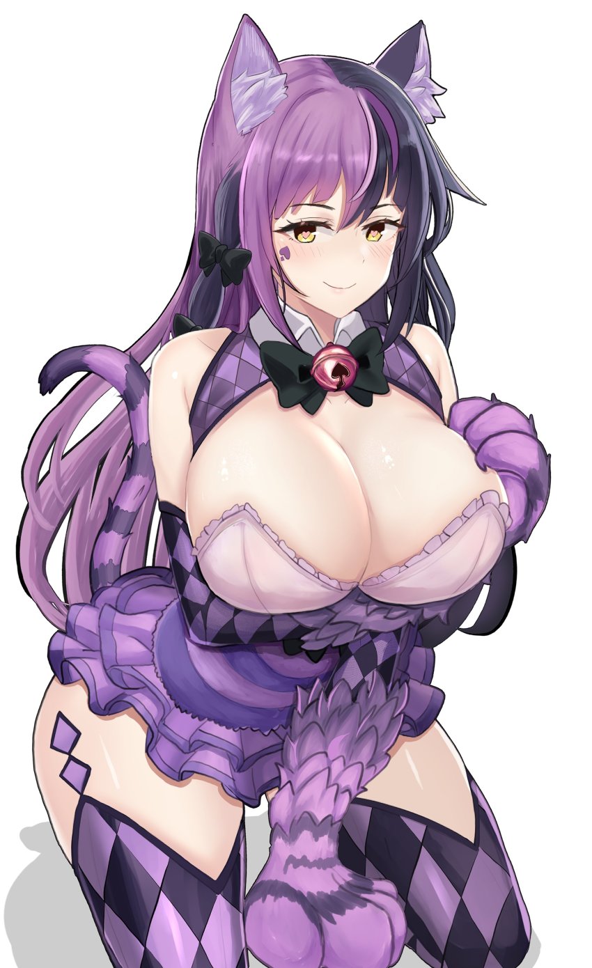 1girl, absurdres, animal_ear_fluff, animal_hands, bare_shoulders, bell, black_hair, blush, body_fur, breasts, cat_girl, cat_tail, checkered_clothes, checkered_legwear, cheshire_cat_(monster_girl_encyclopedia), cleavage, closed_mouth, desspie, facial_mark, heart, heart-shaped_pupils, highres, jingle_bell, kneeling, large_breasts, monster_girl, monster_girl_encyclopedia, monster_girl_encyclopedia_ii, multicolored_hair, purple_fur, purple_hair, purple_theme, simple_background, smile, solo, spade_(shape), spade_facial_mark, symbol-shaped_pupils, tail, thick_thighs, thighhighs, thighs, two-tone_hair, white_background, yellow_eyes