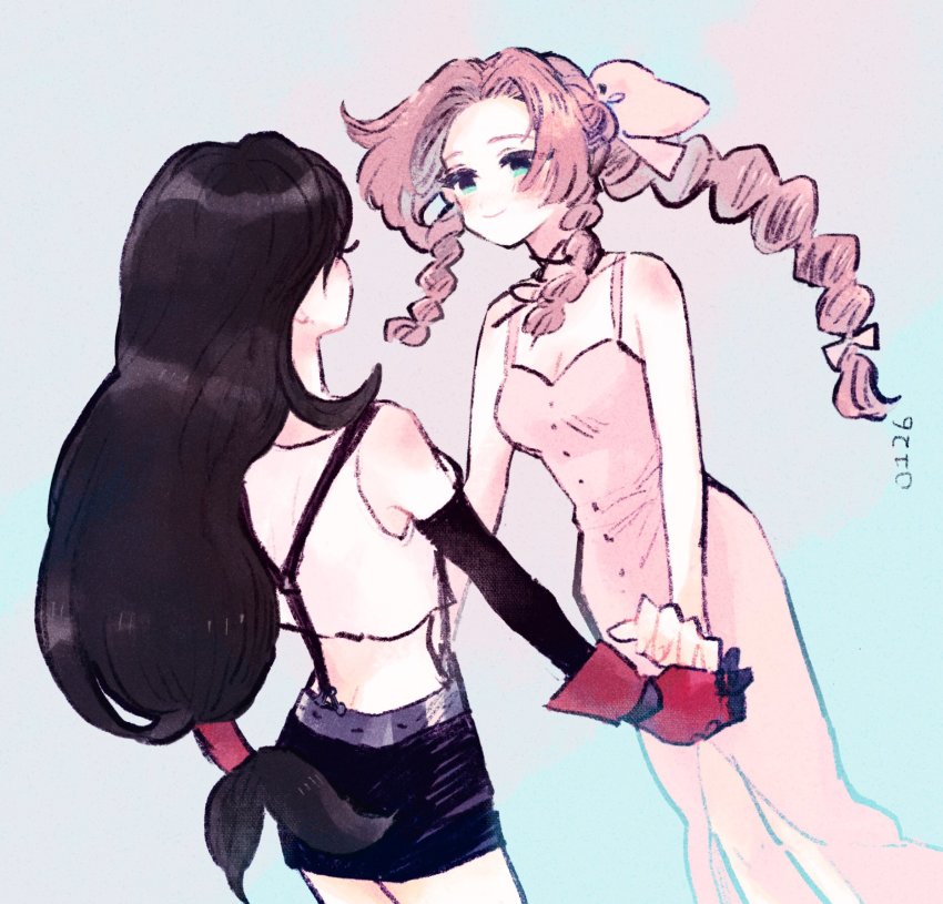 2girls, aerith_gainsborough, bare_shoulders, black_gloves, black_hair, blue_background, blush, braid