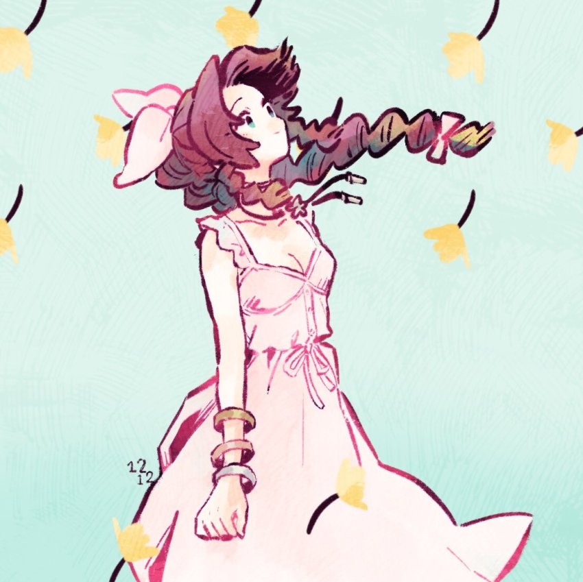 1girl, aerith_gainsborough, bracelet, braid, breasts, choker, cleavage, collarbone