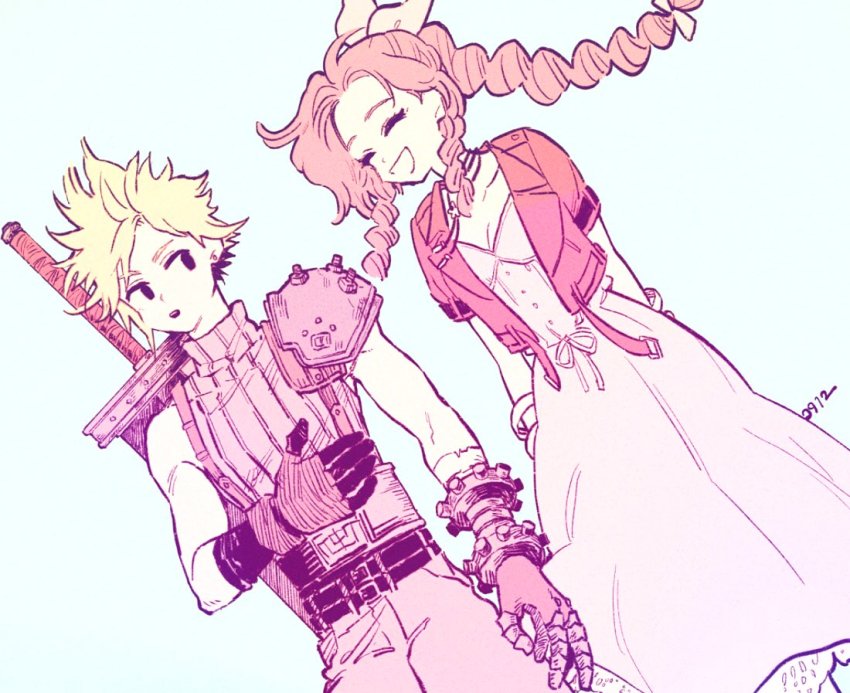 1boy, 1girl, aerith_gainsborough, armor, arms_behind_back, belt, blonde_hair, blue_background, bracelet, braid, breasts, brown_hair, buster_sword, choker, cleavage, closed_eyes, cloud_strife, cropped_jacket, curly_hair, dress, earrings, final_fantasy, final_fantasy_vii, final_fantasy_vii_remake, gloves, hair_ribbon, jacket, jewelry, long_dress, long_hair, necklace, nobu_(25mark), open_mouth, parted_bangs, pink_dress, pink_ribbon, red_jacket, ribbon, shoulder_armor, sidelocks, single_earring, sleeveless, sleeveless_turtleneck, smile, spiked_hair, square_enix, suspenders, turtleneck, wavy_hair, weapon, weapon_on_back