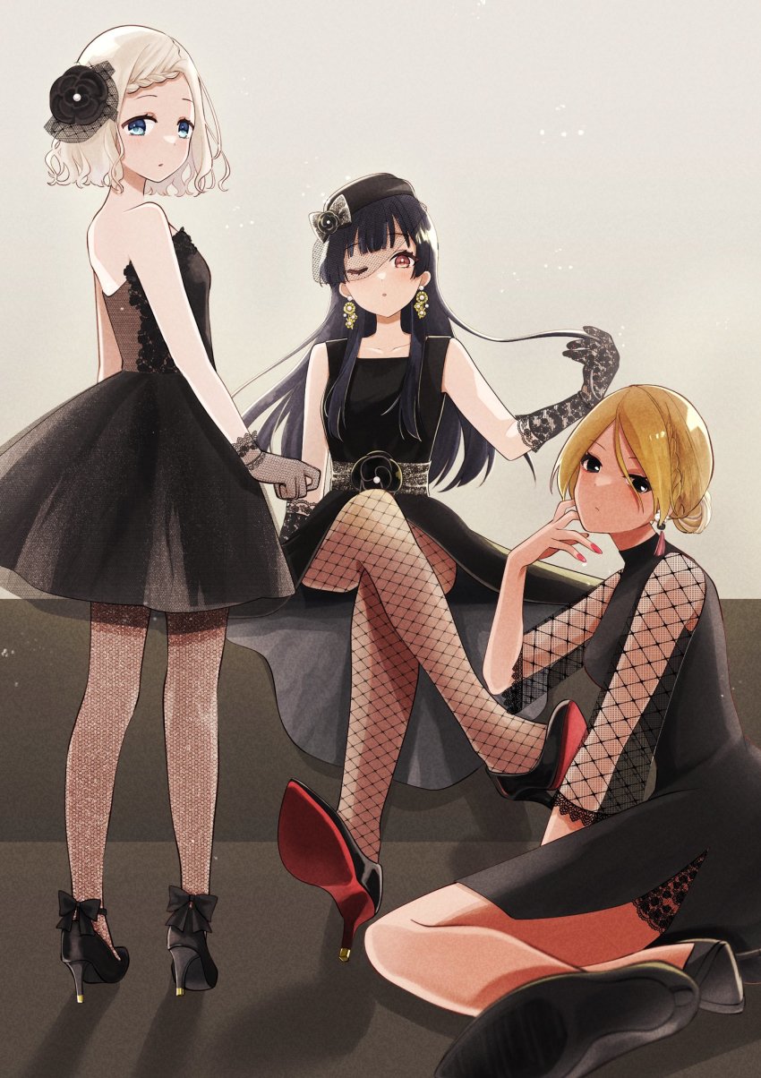19_okeke, 3girls, alternate_costume, alternate_hairstyle, blunt_bangs, braid, braided_bangs, crossed_legs
