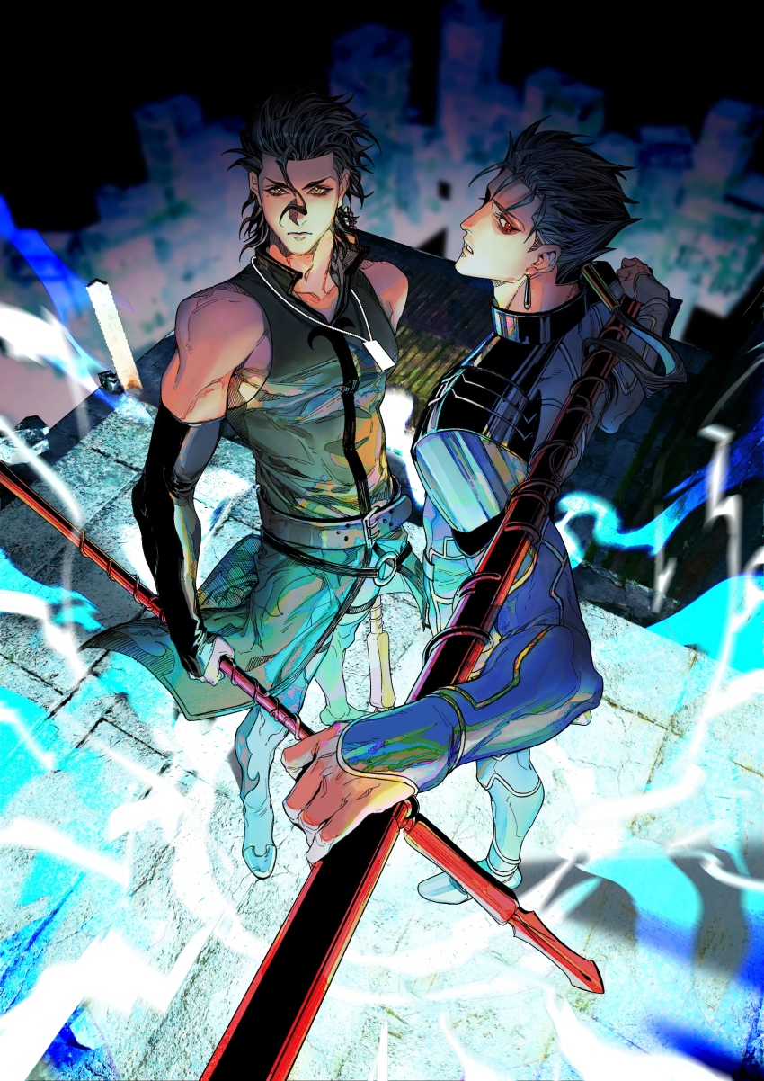 2boys, absurdres, armor, beads, belt, biceps, black_hair, blue_bodysuit