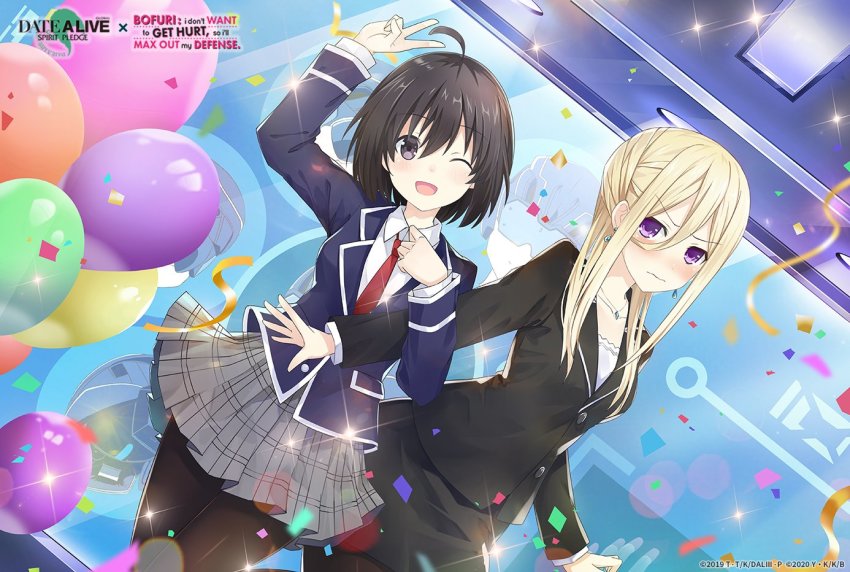 2girls, :v, ahoge, balloon, black_hair, black_legwear, blonde_hair, blue_jacket