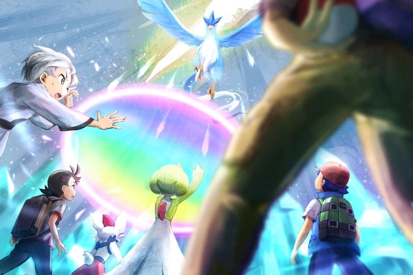 4boys, antenna_hair, articuno, ash_ketchum, backpack, bag, baseball_cap, black_pants, blue_jacket, blurry, brown_bag, cinderace, commentary_request, gardevoir, gen_1_pokemon, gen_3_pokemon, gen_8_pokemon, goh_(pokemon), green_bag, grey_hair, grey_shirt, hat, holding, holding_poke_ball, horace_(pokemon), jacket, legendary_pokemon, matsuno_opa, multiple_boys, nintendo, open_mouth, pants, poke_ball, poke_ball_(basic), pokemon, pokemon_(anime), pokemon_(creature), pokemon_journeys, pokemon_move, red_headwear, reflect_(pokemon), shirt, short_hair, short_sleeves, sleeveless, sleeveless_jacket, teeth, tongue, upper_teeth_only