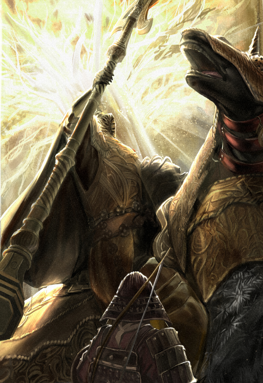 2others, absurdres, ambiguous_gender, armor, barding, bow_(weapon), breastplate, elden_ring