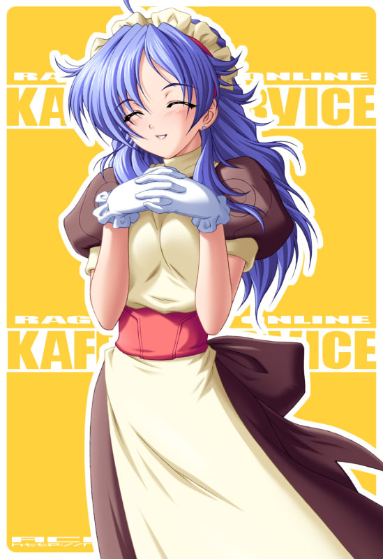 1girl, ahoge, apron, blue_hair, blush, breasts, brown_dress, closed_eyes