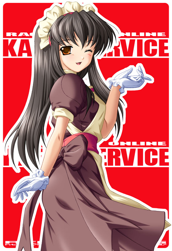 1girl, apron, black_hair, blush, breasts, brown_dress, brown_eyes, commentary_request, copyright_name, cowboy_shot, dress, gloves, jasmine_(ragnarok_online), kafra_uniform, kazuma_muramasa, long_hair, looking_at_viewer, looking_to_the_side, maid, maid_headdress, medium_breasts, one_eye_closed, open_mouth, outline, puffy_short_sleeves, puffy_sleeves, ragnarok_online, red_background, short_sleeves, smile, solo, white_apron, white_gloves, white_outline