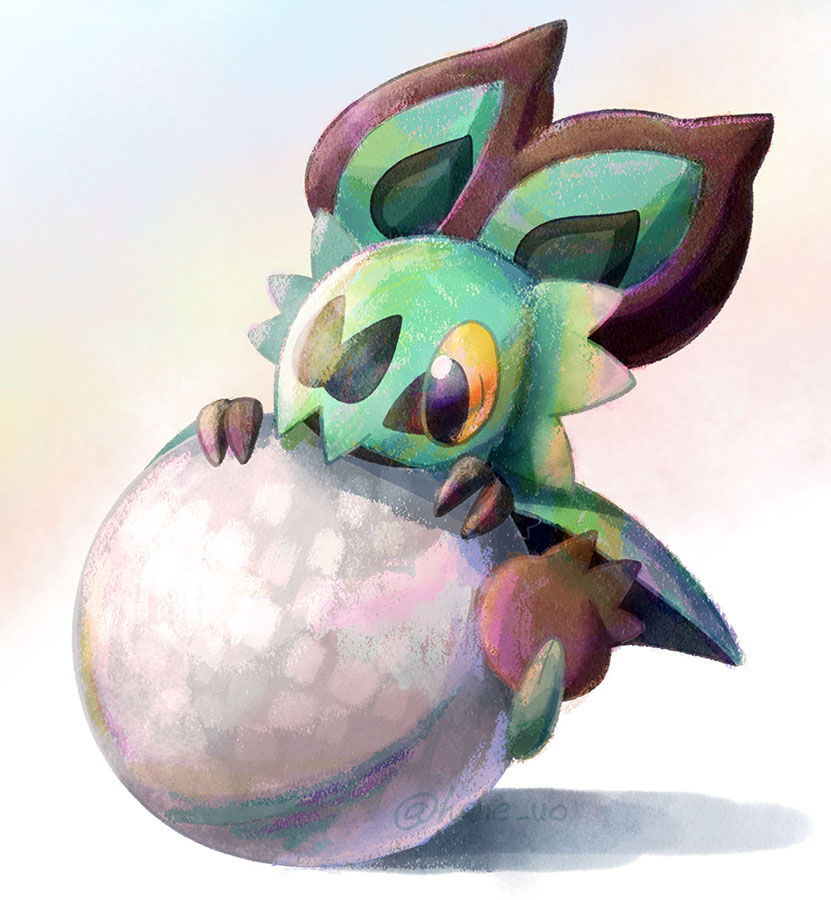 alternate_color, ball, claws, commentary_request, devil_uo, gen_6_pokemon, holding, looking_down, nintendo, no_humans, noibat, pokemon, pokemon_(creature), shiny_pokemon, solo, twitter_username, watermark