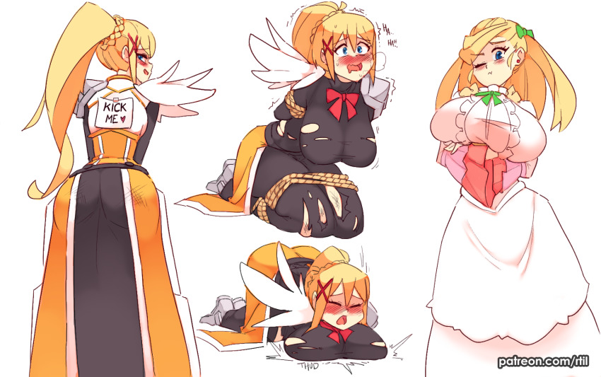 1girl, ;t, armor, armored_boots, arms_behind_back, arms_under_breasts, ass, black_bodysuit