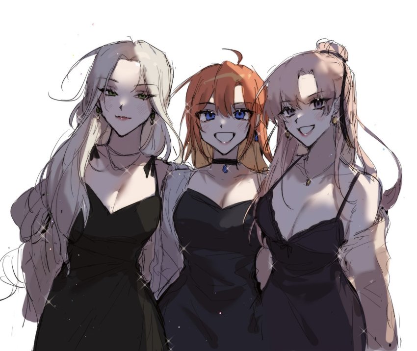 3girls, black_choker, black_dress, blue_eyes, breasts, choker, cleavage, collarbone