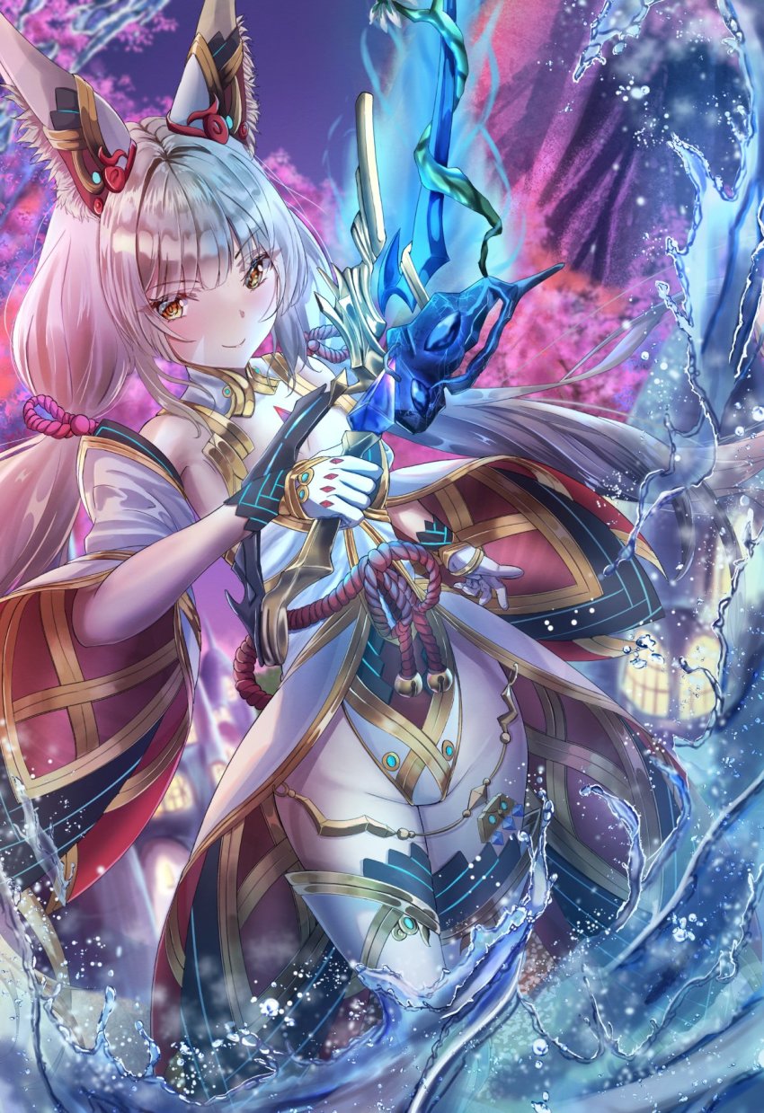 1girl, animal_ears, blunt_bangs, bonbon1402336, breasts, cat_ears, catalyst_scimitar, chest_jewel