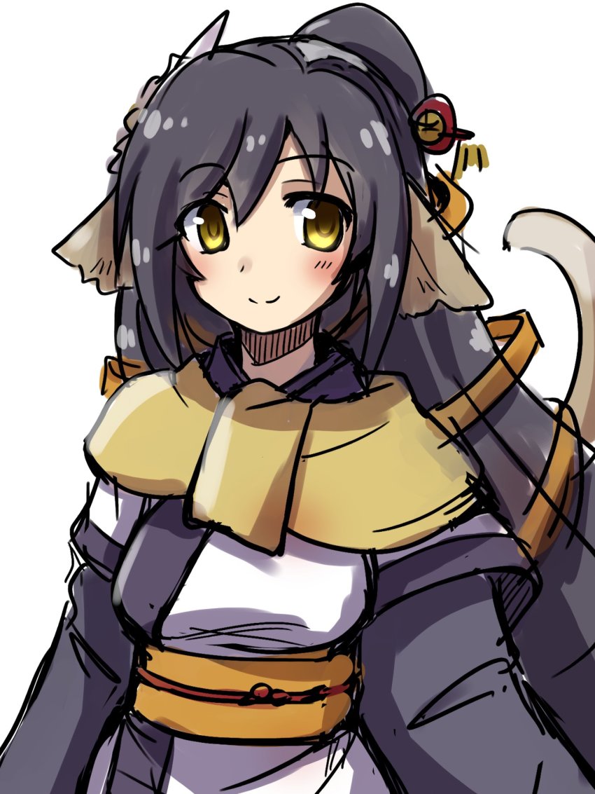 1girl, absurdly_long_hair, ainu_clothes, animal_ears, aquaplus, black_hair, blush, breasts, cat_tail, closed_mouth, dress, eyes_visible_through_hair, gradient_eyes, hair_between_eyes, hair_ornament, hair_over_one_eye, high_ponytail, highres, kuon_(utawarerumono), layered_sleeves, long_hair, long_sleeves, looking_to_the_side, medium_breasts, multicolored_eyes, orange_sash, ponytail, raised_eyebrows, sash, scarf, sidelocks, sketch, smile, solo, swept_bangs, tail, upper_body, utawarerumono, utawarerumono:_itsuwari_no_kamen, very_long_hair, white_tail, yaguchiakira, yellow_eyes, yellow_scarf