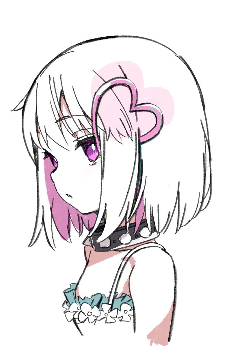 1girl, bare_shoulders, child, collar, colored_inner_hair, cropped_torso, dohna_dohna_issho_ni_warui_koto_o_shiyou, dress, hair_ornament, heart, heart_hair_ornament, highres, multicolored_hair, nnn-ollll, parted_lips, pink_eyes, pink_hair, porno_(dohna_dohna), profile, short_hair, simple_background, sketch, solo, spiked_collar, spikes, two-tone_hair, upper_body, white_background, white_dress, white_hair
