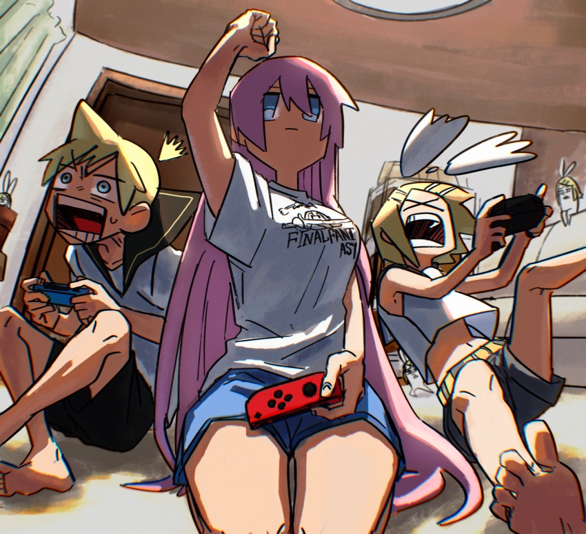 >_<, 1boy, 2girls, arm_up, backlighting, bare_legs, barefoot, black_collar, black_shorts, blonde_hair, blue_eyes, blue_shorts, bow, chromatic_aberration, clenched_hand, closed_eyes, clothes_writing, collar, collared_shirt, controller, couch, crop_top, crossed_legs, curtains, expressionless, from_below, game_controller, hair_bow, hair_ornament, hairclip, highres, holding, holding_controller, holding_game_controller, indoors, joy-con, kagamine_len, kagamine_rin, leaning_back, long_hair, megurine_luka, midriff, motion_blur, multiple_girls, nata_shelf, navel, nintendo_switch, nintendo_switch_pro_controller, open_mouth, pink_hair, ponytail, rin_no_youchuu, room, sailor_collar, seiza, shirt, short_hair, short_ponytail, short_sleeves, shorts, sitting, sleeveless, sleeveless_shirt, spiked_hair, surprised, very_long_hair, vocaloid, white_shirt, wide-eyed
