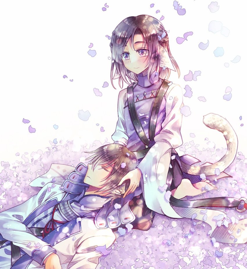 2boys, animal_ears, aquaplus, barefoot, black_hair, blush, brown_hair, closed_eyes